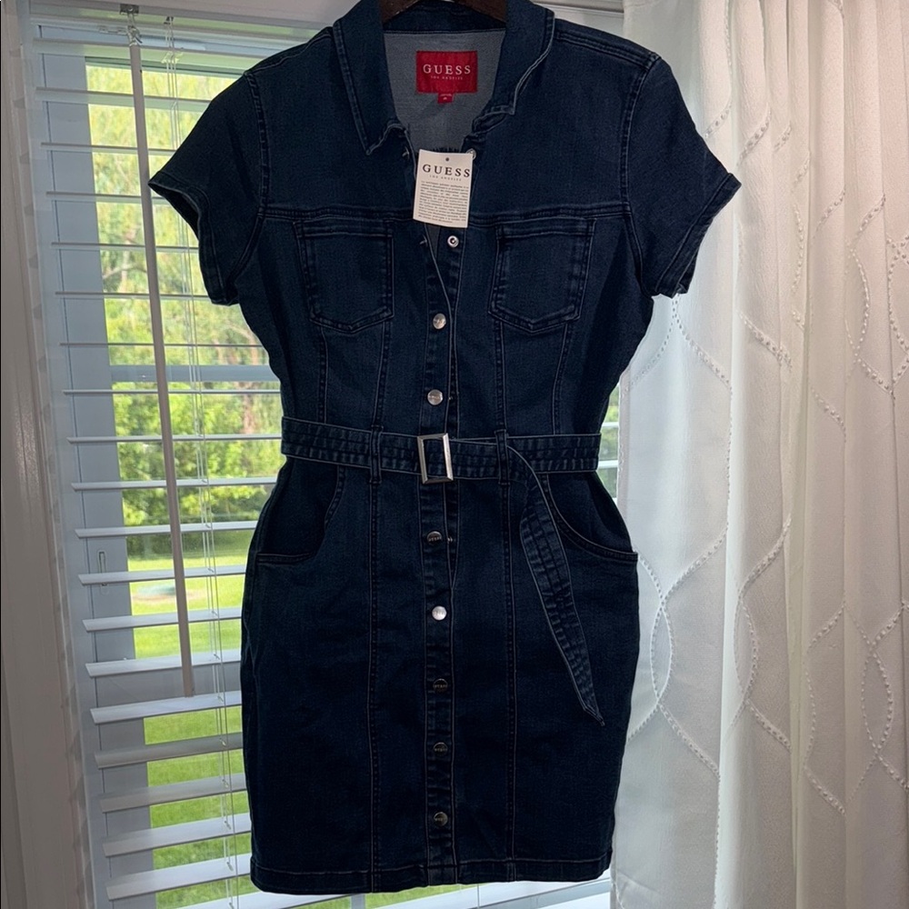 Guess Navy Denim Belted Dress